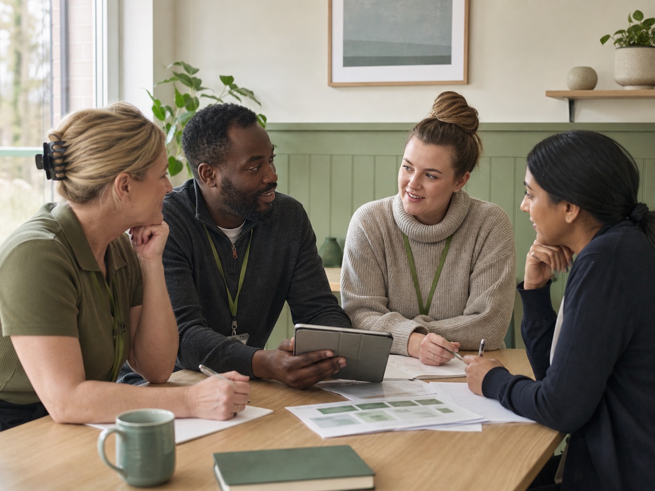 Care-sector professionals discussing training standards around a table
